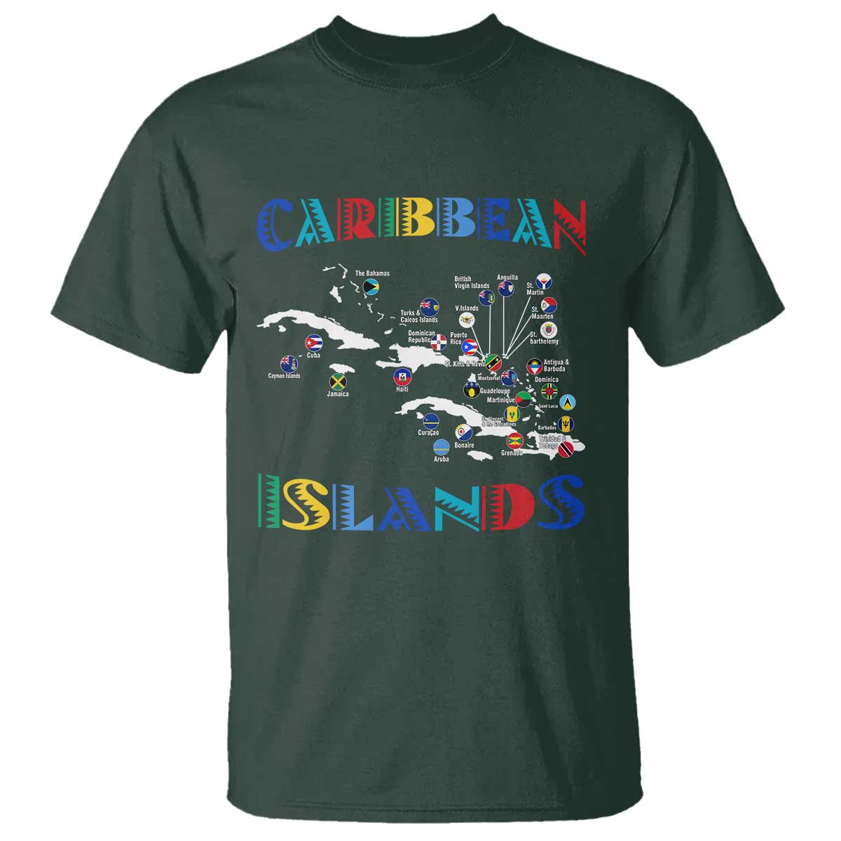 Caribbean Islands T Shirt Caribbean Sea Tour Map Flag TS11 Dark Forest Green Print Your Wear