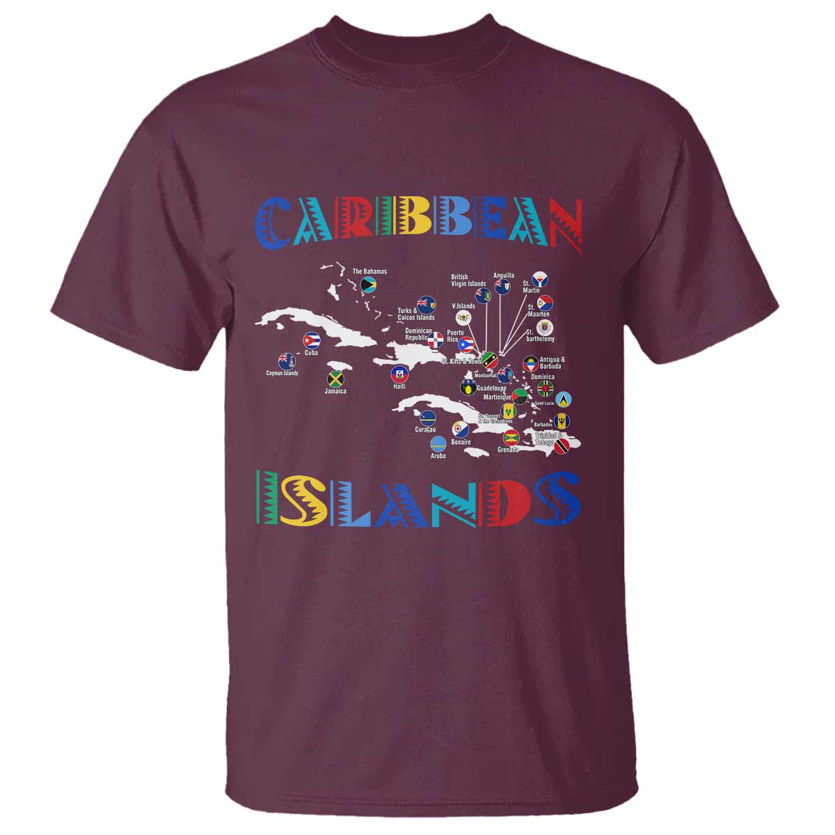 Caribbean Islands T Shirt Caribbean Sea Tour Map Flag TS11 Maroon Print Your Wear