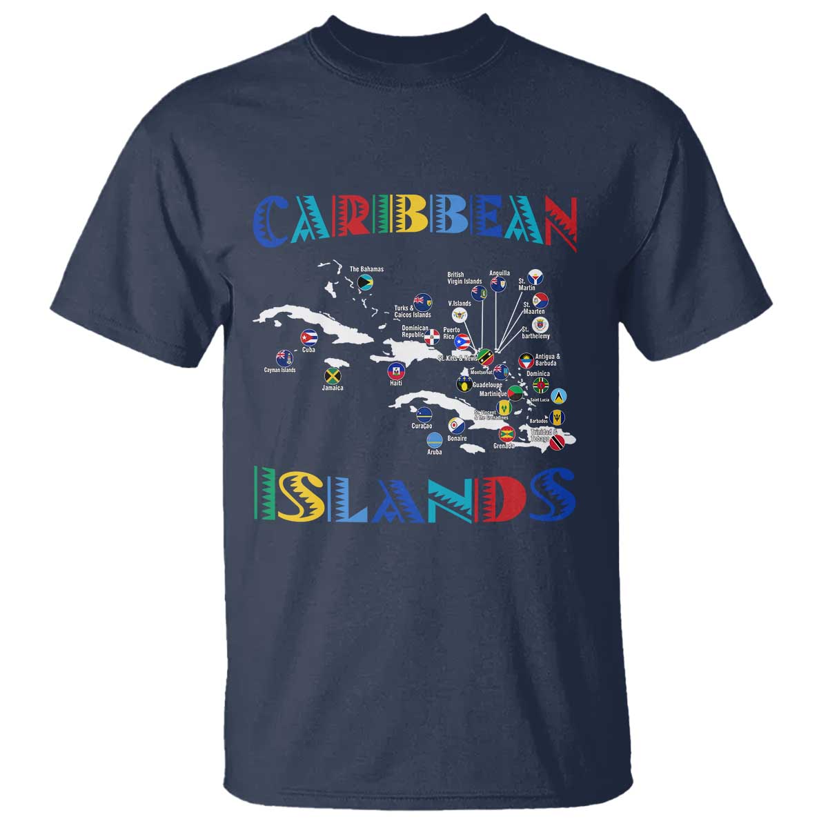 Caribbean Islands T Shirt Caribbean Sea Tour Map Flag TS11 Navy Print Your Wear