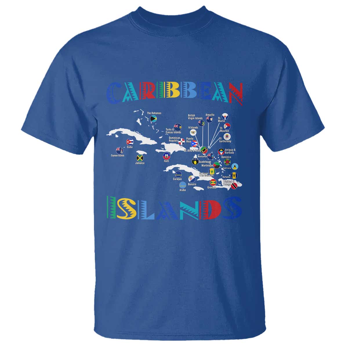 Caribbean Islands T Shirt Caribbean Sea Tour Map Flag TS11 Royal Blue Print Your Wear