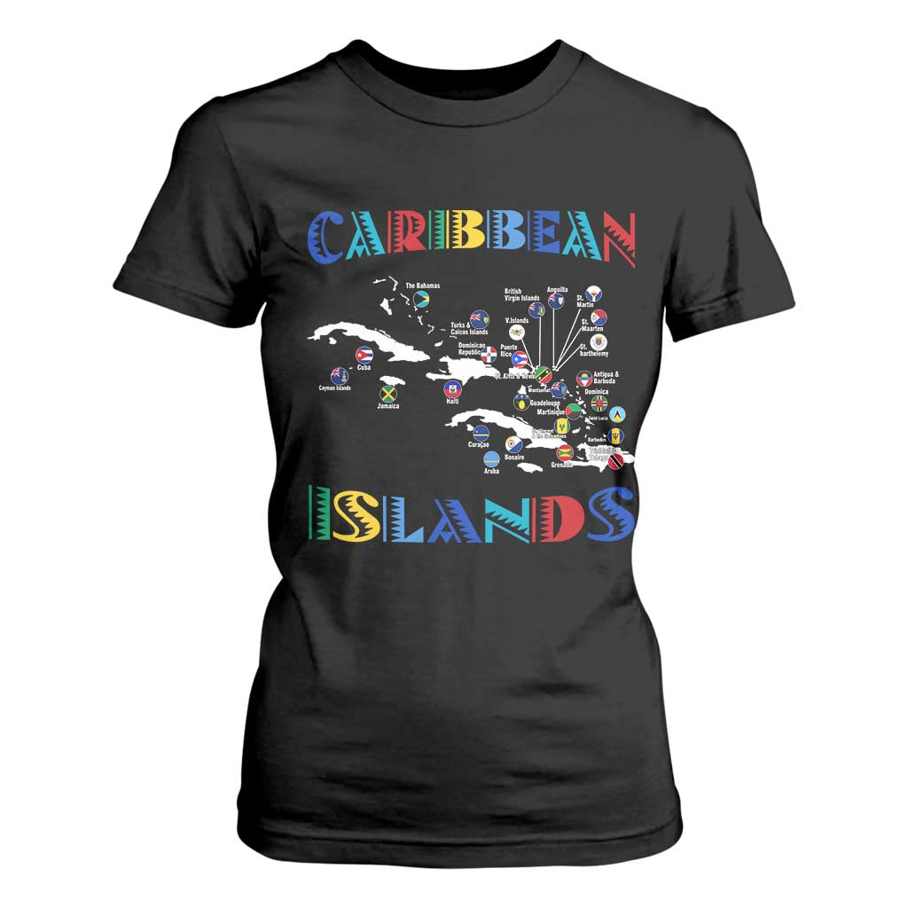 Caribbean Islands T Shirt For Women Caribbean Sea Tour Map Flag TS11 Black Print Your Wear