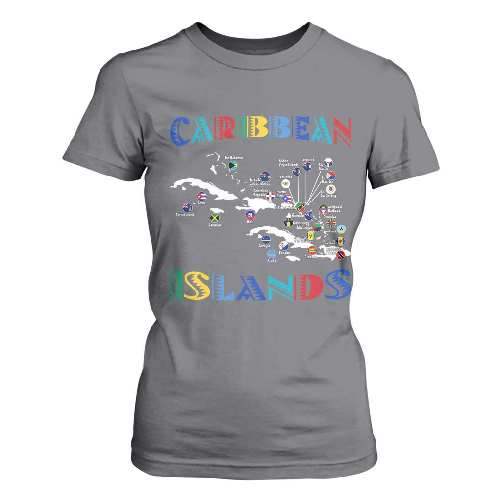 Caribbean Islands T Shirt For Women Caribbean Sea Tour Map Flag TS11 Charcoal Print Your Wear