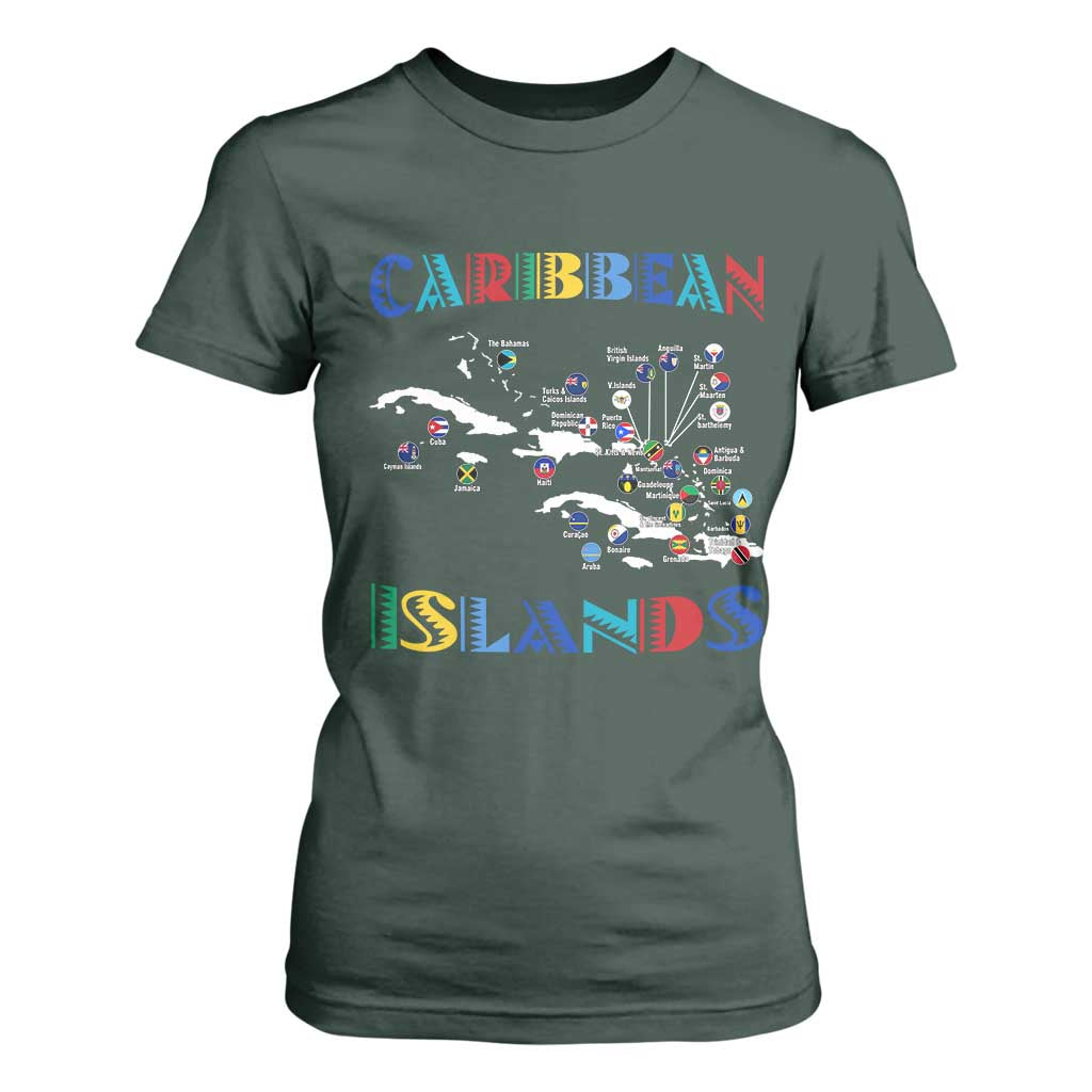 Caribbean Islands T Shirt For Women Caribbean Sea Tour Map Flag TS11 Dark Forest Green Print Your Wear