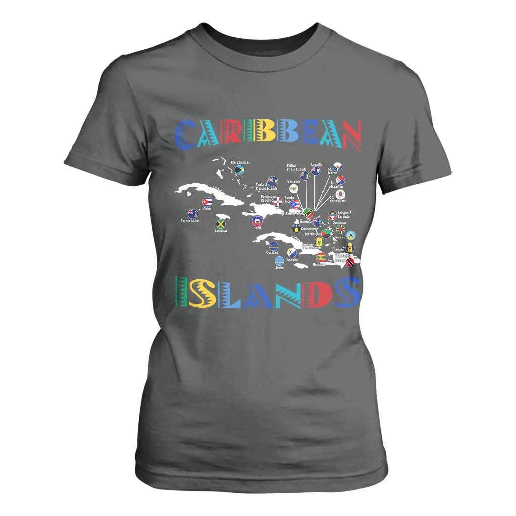 Caribbean Islands T Shirt For Women Caribbean Sea Tour Map Flag TS11 Dark Heather Print Your Wear