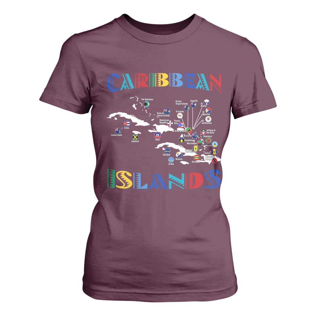 Caribbean Islands T Shirt For Women Caribbean Sea Tour Map Flag TS11 Maroon Print Your Wear