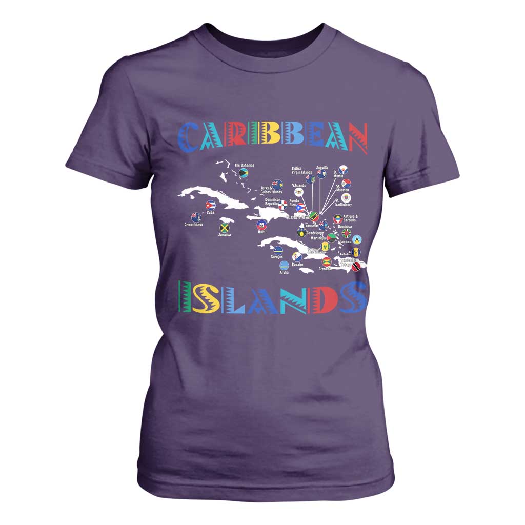 Caribbean Islands T Shirt For Women Caribbean Sea Tour Map Flag TS11 Purple Print Your Wear