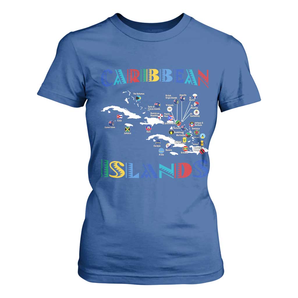 Caribbean Islands T Shirt For Women Caribbean Sea Tour Map Flag TS11 Royal Blue Print Your Wear