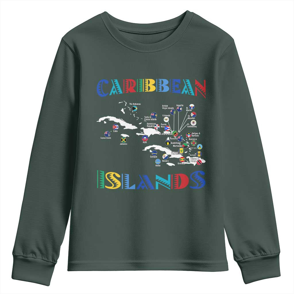 Caribbean Islands Youth Sweatshirt Caribbean Sea Tour Map Flag TS11 Dark Forest Green Print Your Wear