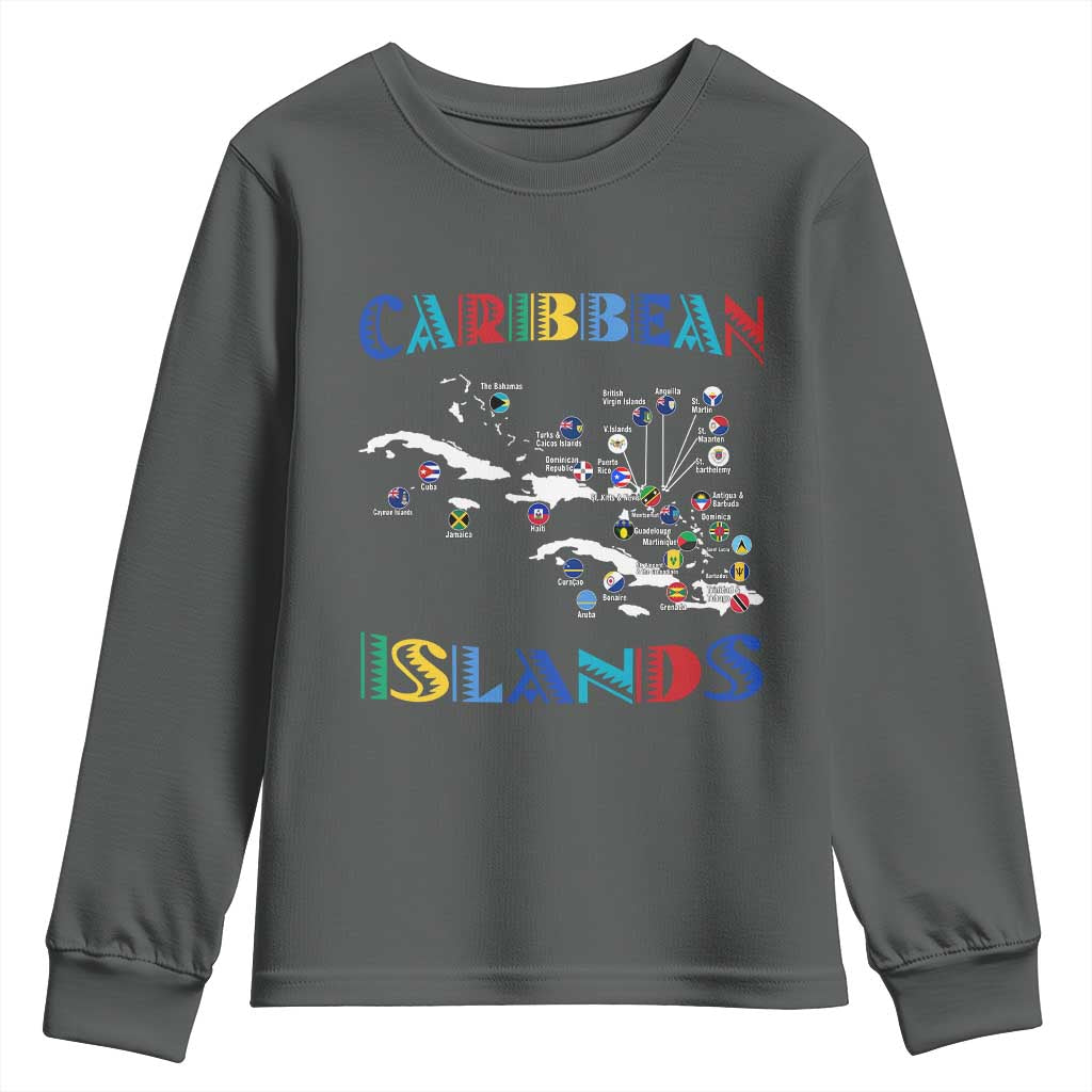 Caribbean Islands Youth Sweatshirt Caribbean Sea Tour Map Flag TS11 Dark Heather Print Your Wear