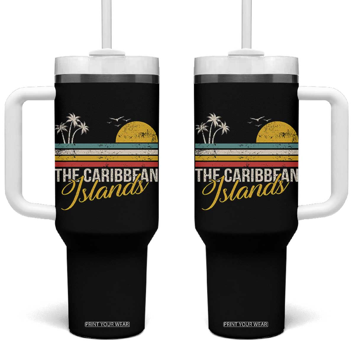 The Caribbean Islands Tumbler With Handle Retro Vacation Beach Caribbean Sea Tour TS11 One Size: 40 oz Black Print Your Wear