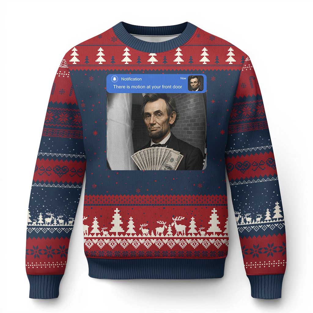 There is Motion At Your Front Door Abraham Lincoln Meme Ugly Christmas Sweater TS11 Navy Red Print Your Wear
