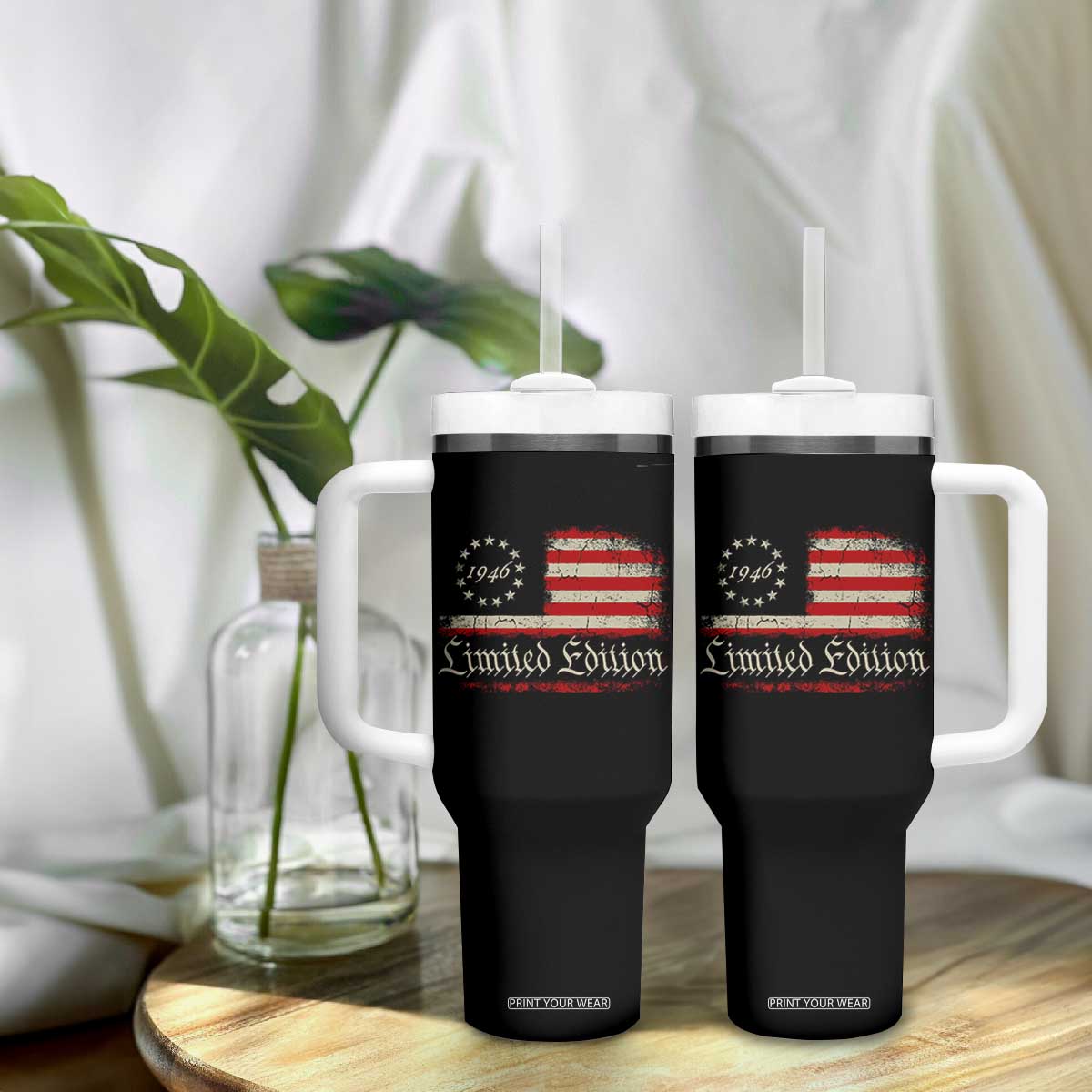 80th Birthday 1946 Limited Edition Tumbler With Handle Gifts for 80 Years Old Vintage American Flag