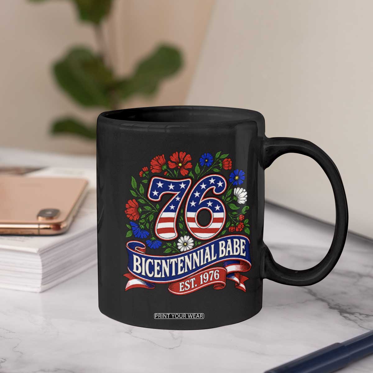 Bicentennial Babe 50th Birthday Coffee Mug Vintage 1976 Retro USA Floral