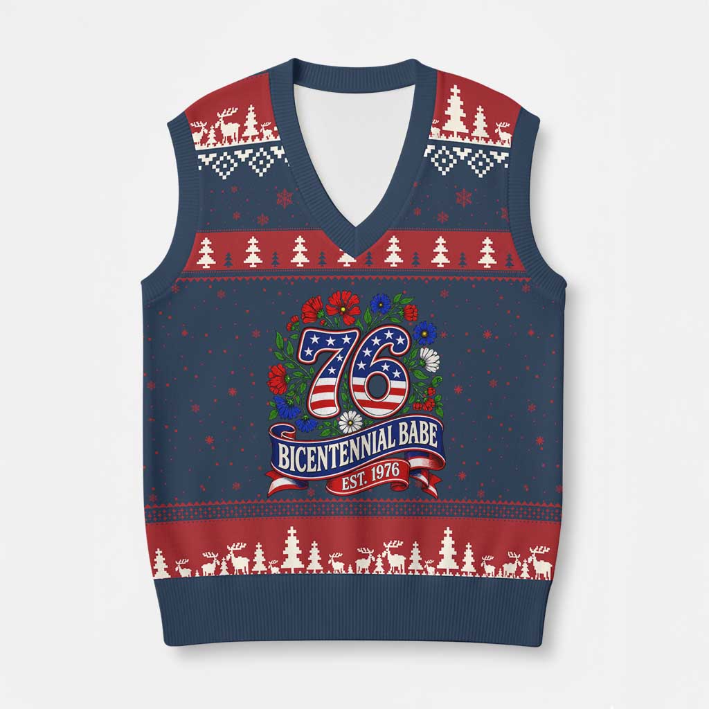 Bicentennial Babe 50th Birthday V-Neck Knit Sweater Vest Vintage 1976 Retro USA Floral TS11 Navy Red Print Your Wear