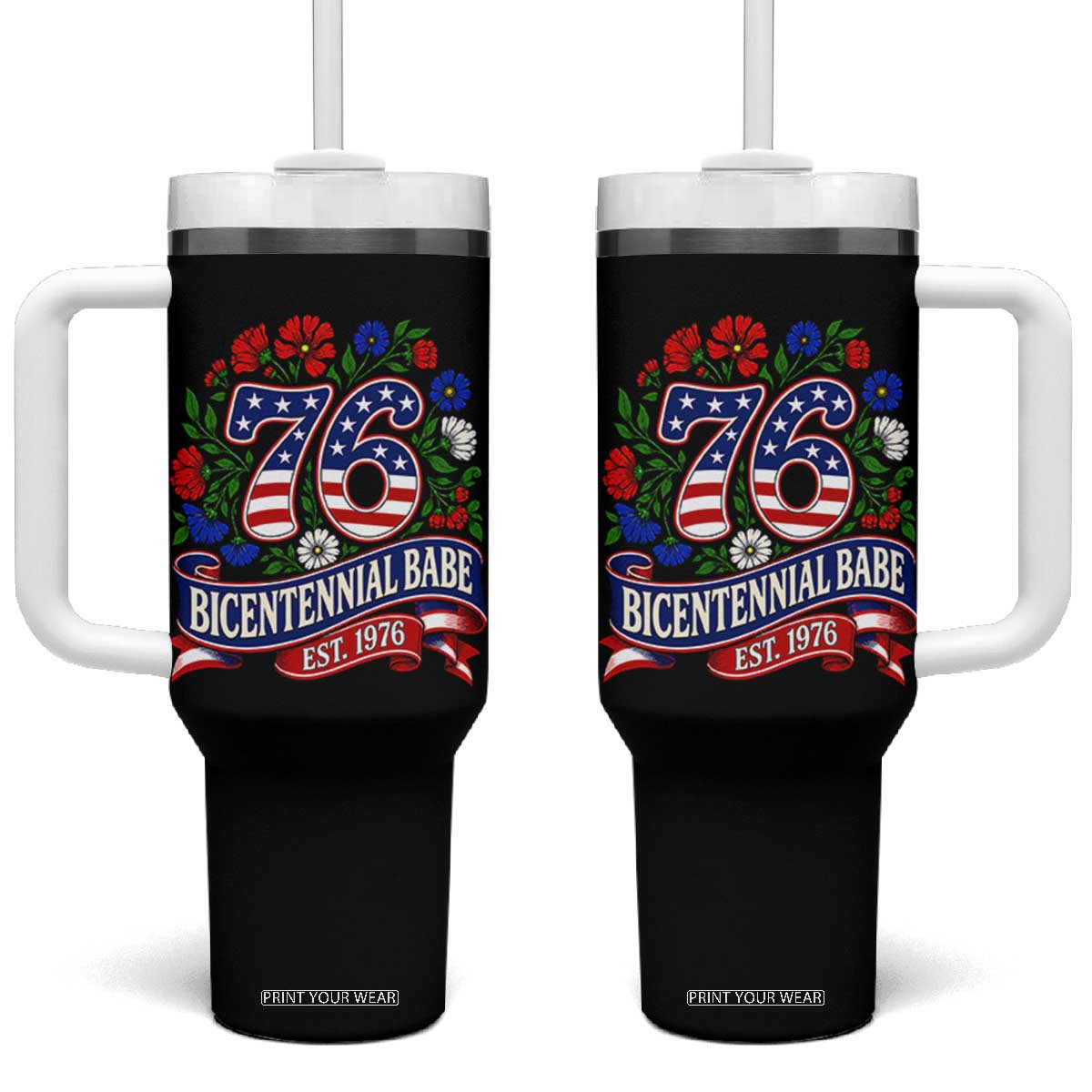 Bicentennial Babe 50th Birthday Tumbler With Handle Vintage 1976 Retro USA Floral
