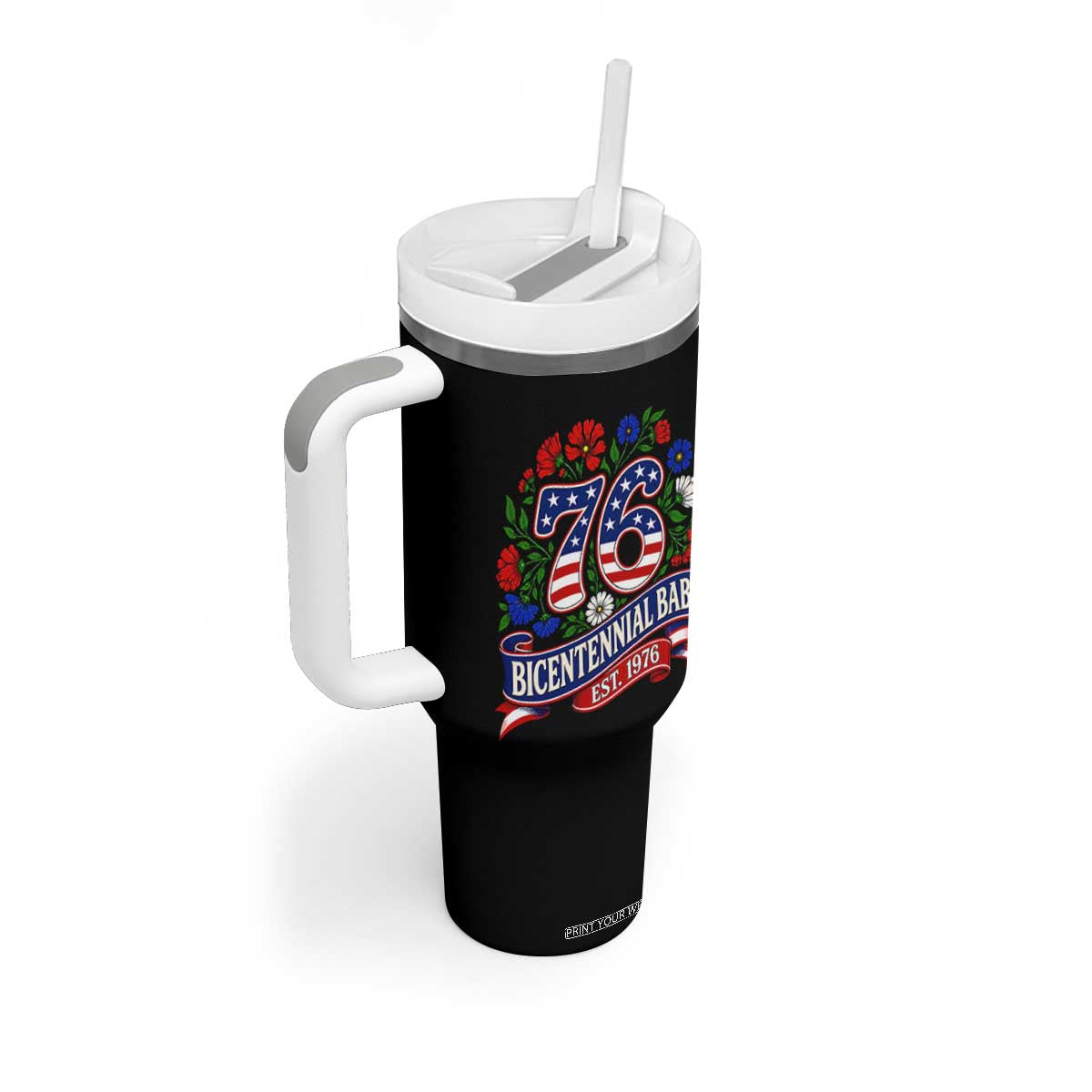 Bicentennial Babe 50th Birthday Tumbler With Handle Vintage 1976 Retro USA Floral