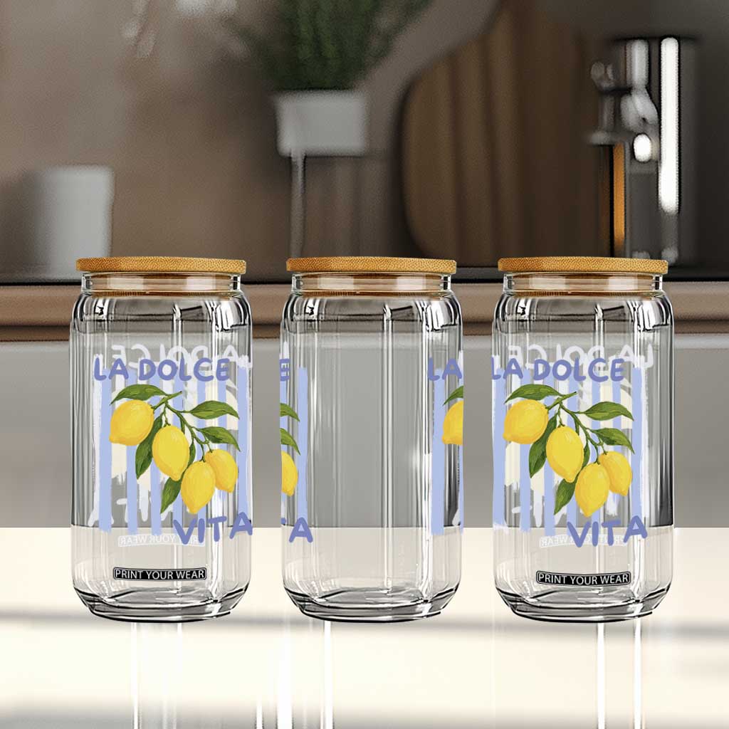La Dolce Vita Lemon Italian Summer Glass Can Blue Striped TS11 Print Your Wear