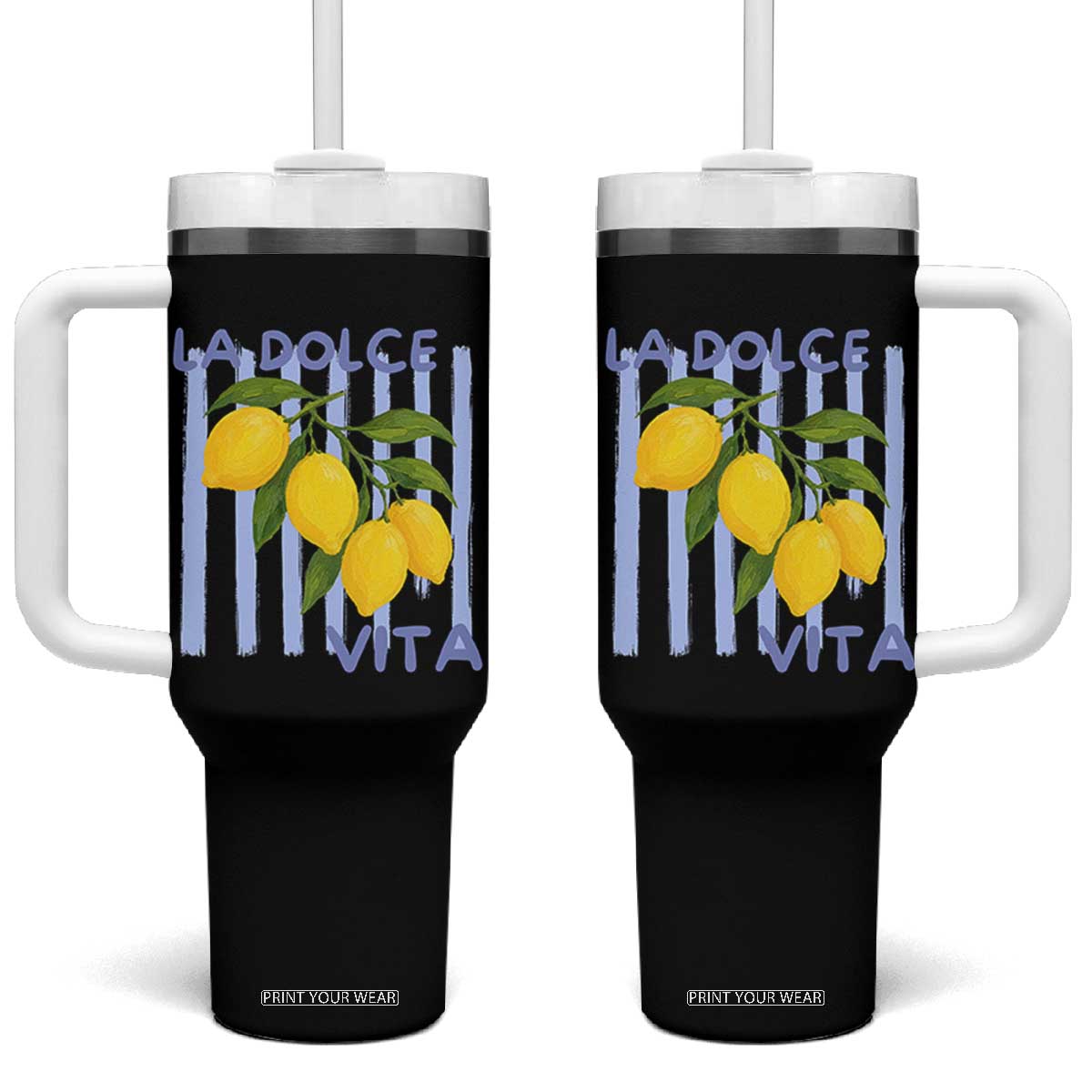 La Dolce Vita Lemon Italian Summer Tumbler With Handle Blue Striped TS11 One Size: 40 oz White Print Your Wear