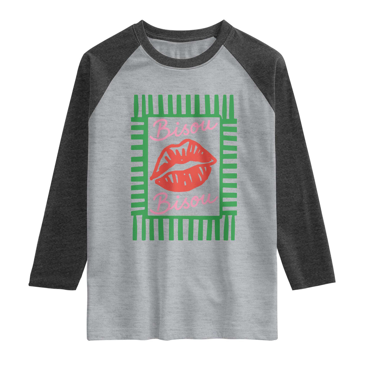 French Bisous Paris Vacation Retro Summer Vibes Raglan Shirt TS11 Heather Gray Heather Charcoal Print Your Wear
