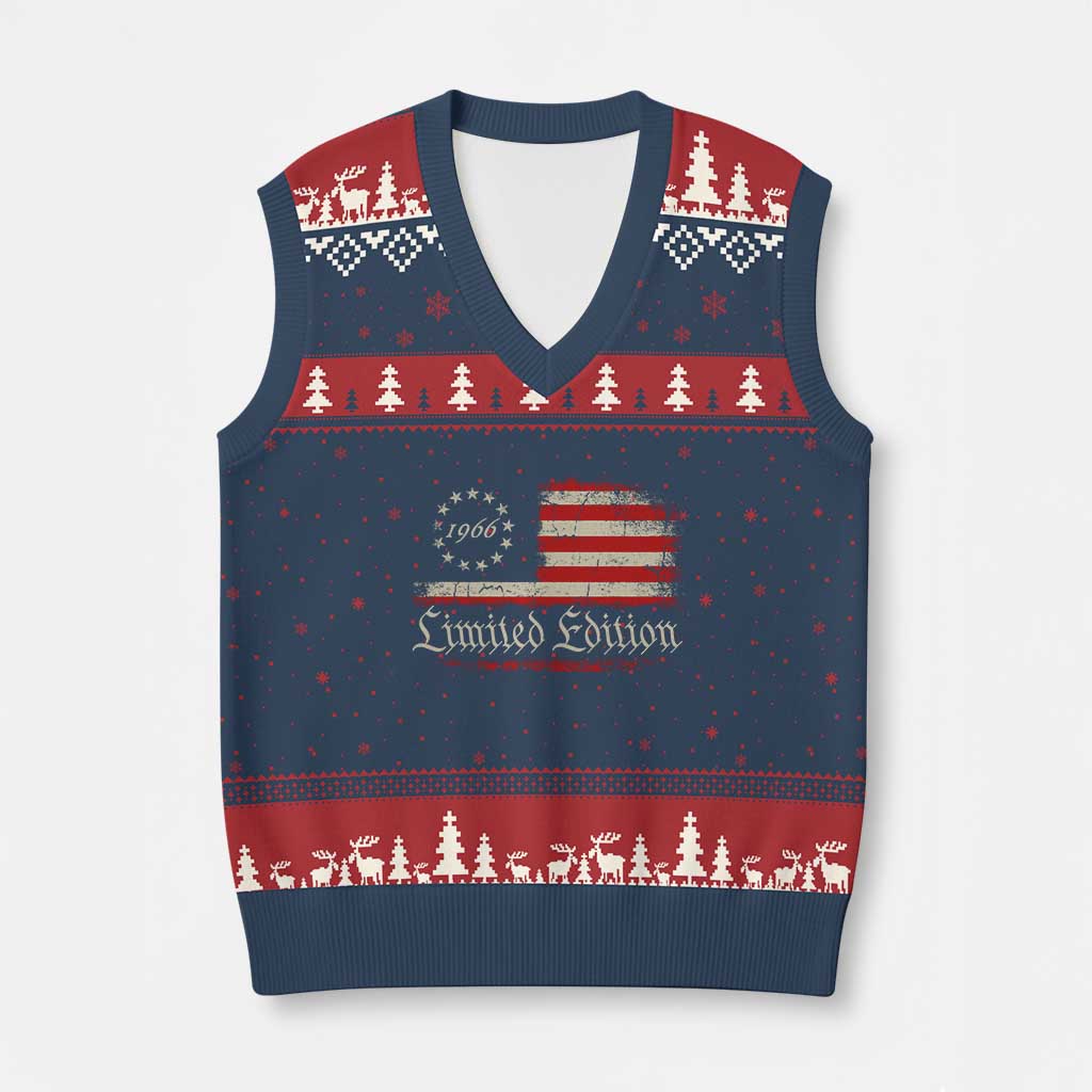60th Birthday 1966 Limited Edition V-Neck Knit Sweater Vest Gifts for 60 Years Old Vintage American Flag