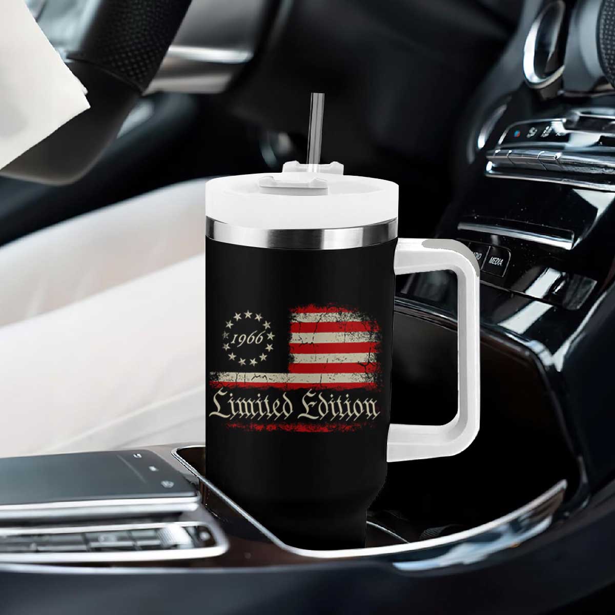 60th Birthday 1966 Limited Edition Tumbler With Handle Gifts for 60 Years Old Vintage American Flag