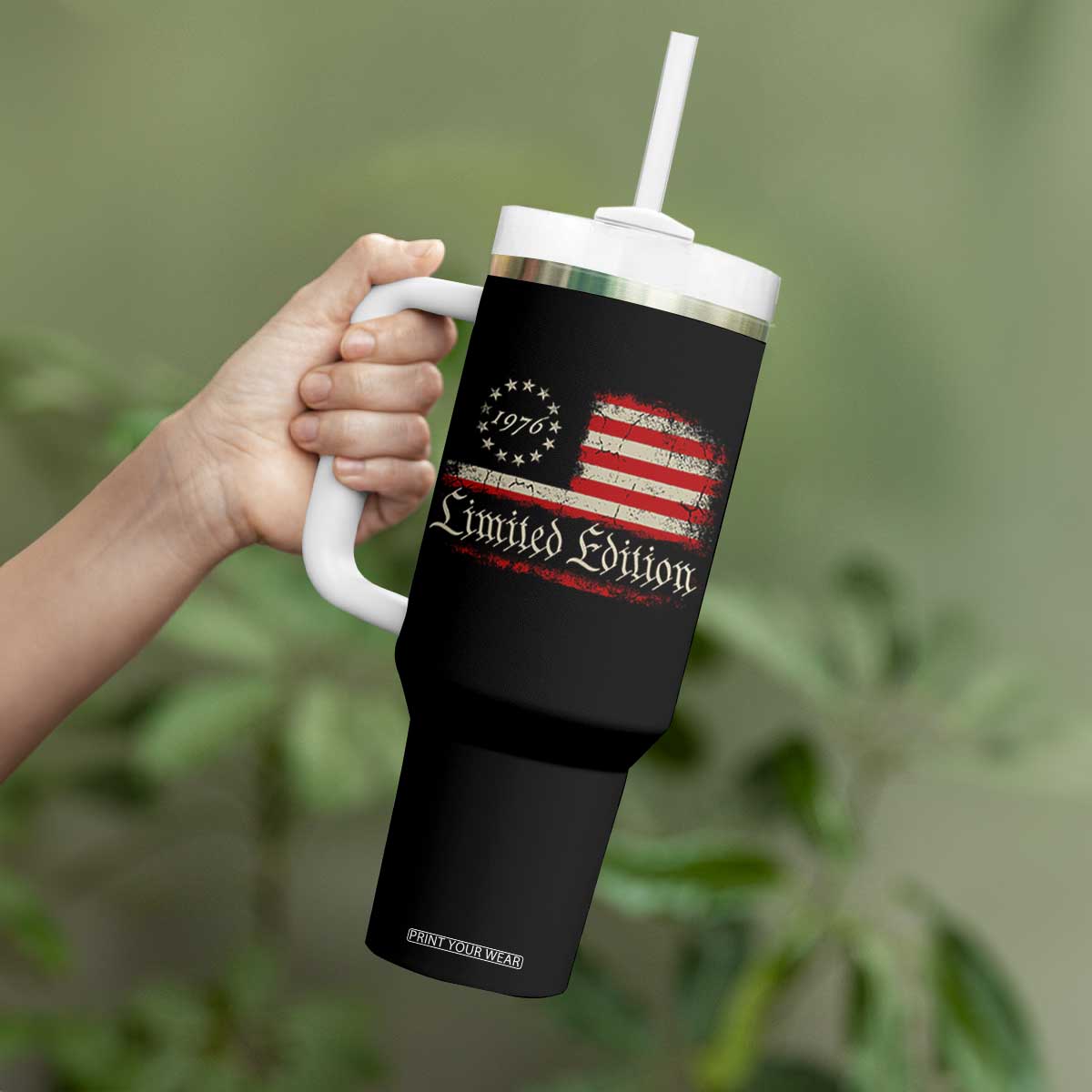 50th Birthday 1976 Limited Edition Tumbler With Handle Gifts for 50 Years Old Vintage American Flag