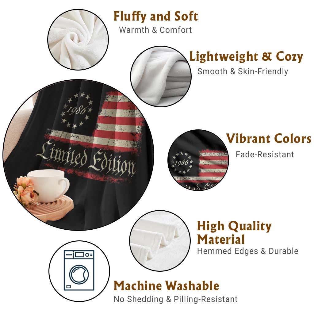 40th Birthday 1986 Limited Edition Throw Blanket Gifts for 40 Years Old Vintage American Flag