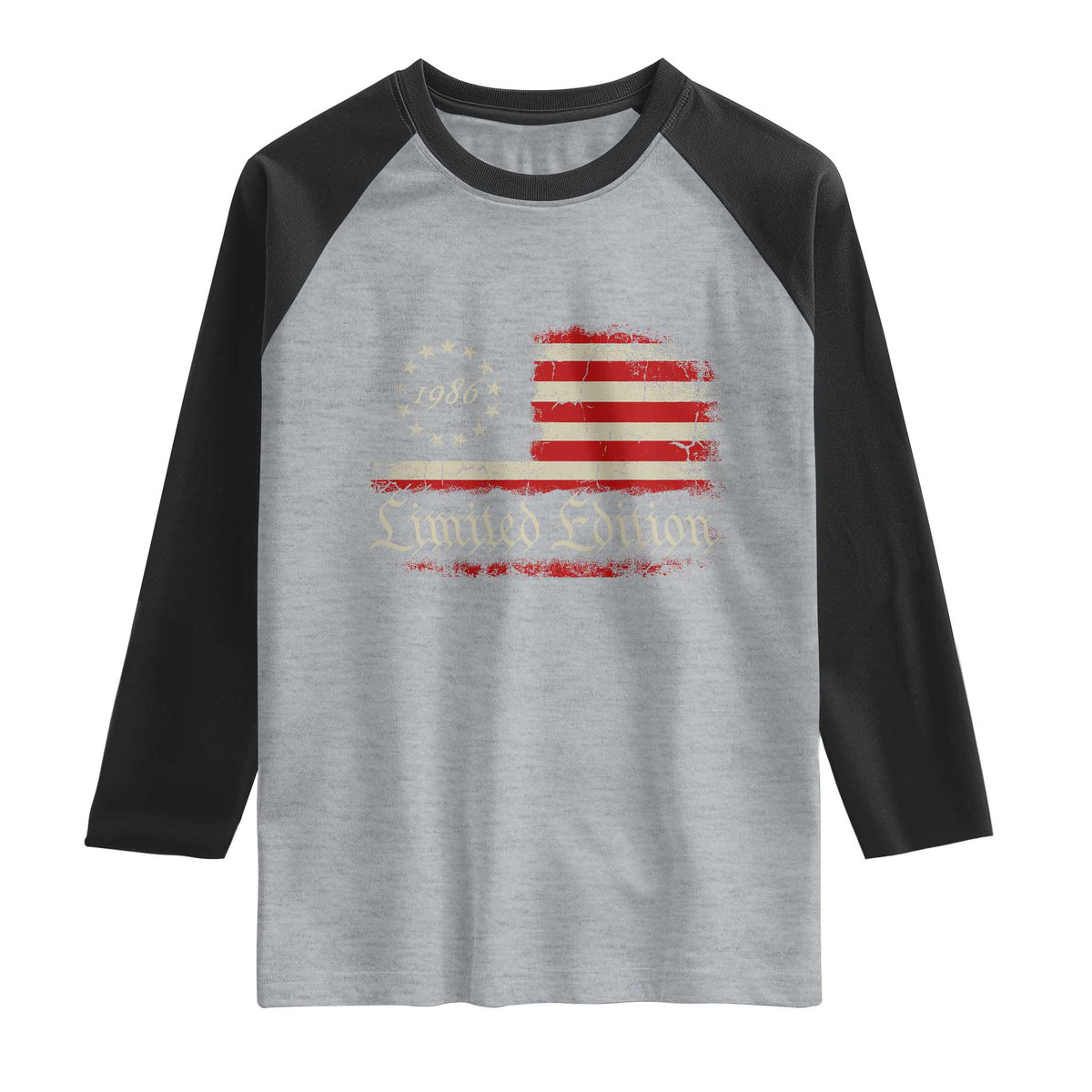 40th Birthday 1986 Limited Edition Raglan Shirt Gifts for 40 Years Old Vintage American Flag TS11 Heather Gray Black Print Your Wear