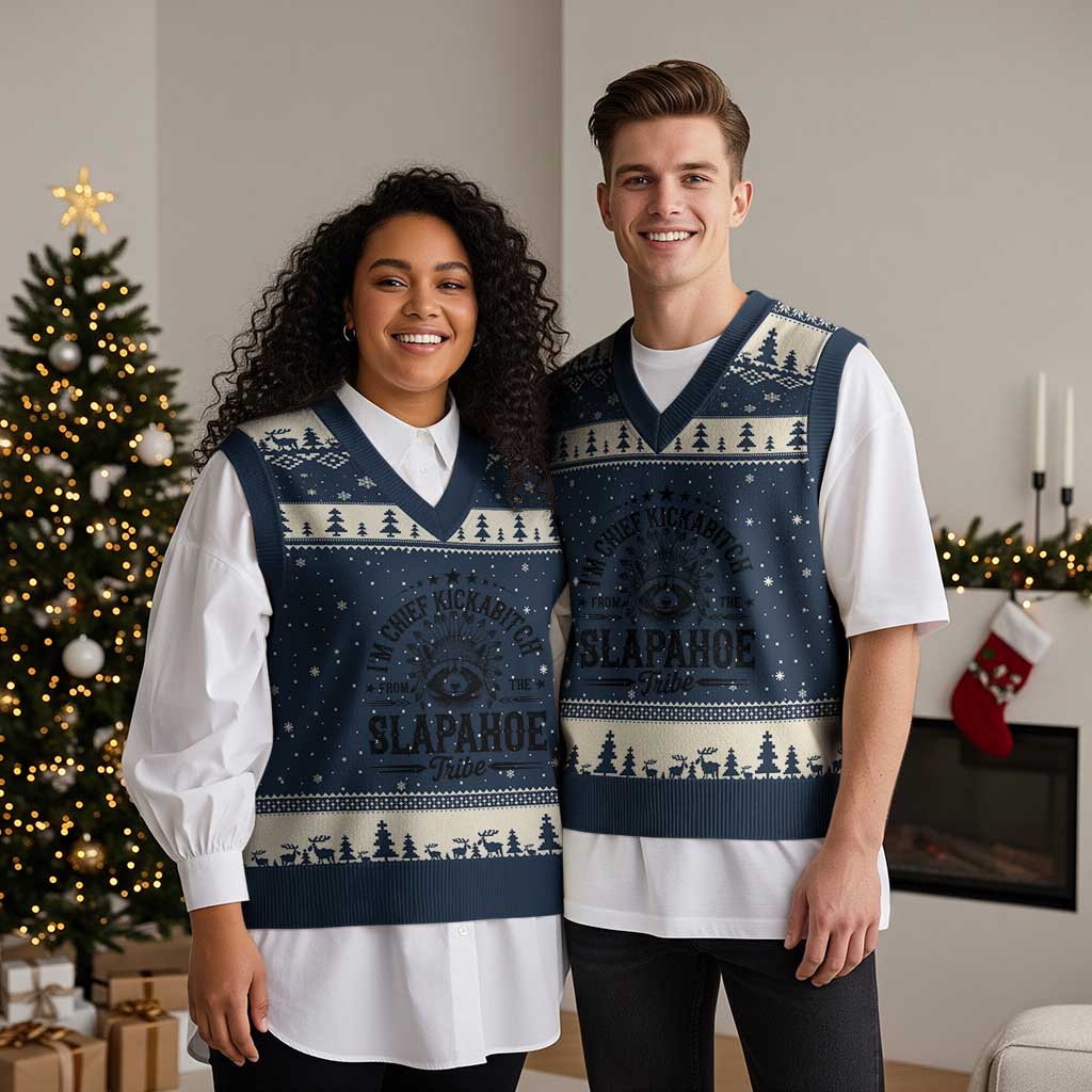 Funny I'm Chief Kickabitch From The Slapahoe Tribe V-Neck Knit Sweater Vest Native American Racoon TS11 Navy Beige Print Your Wear