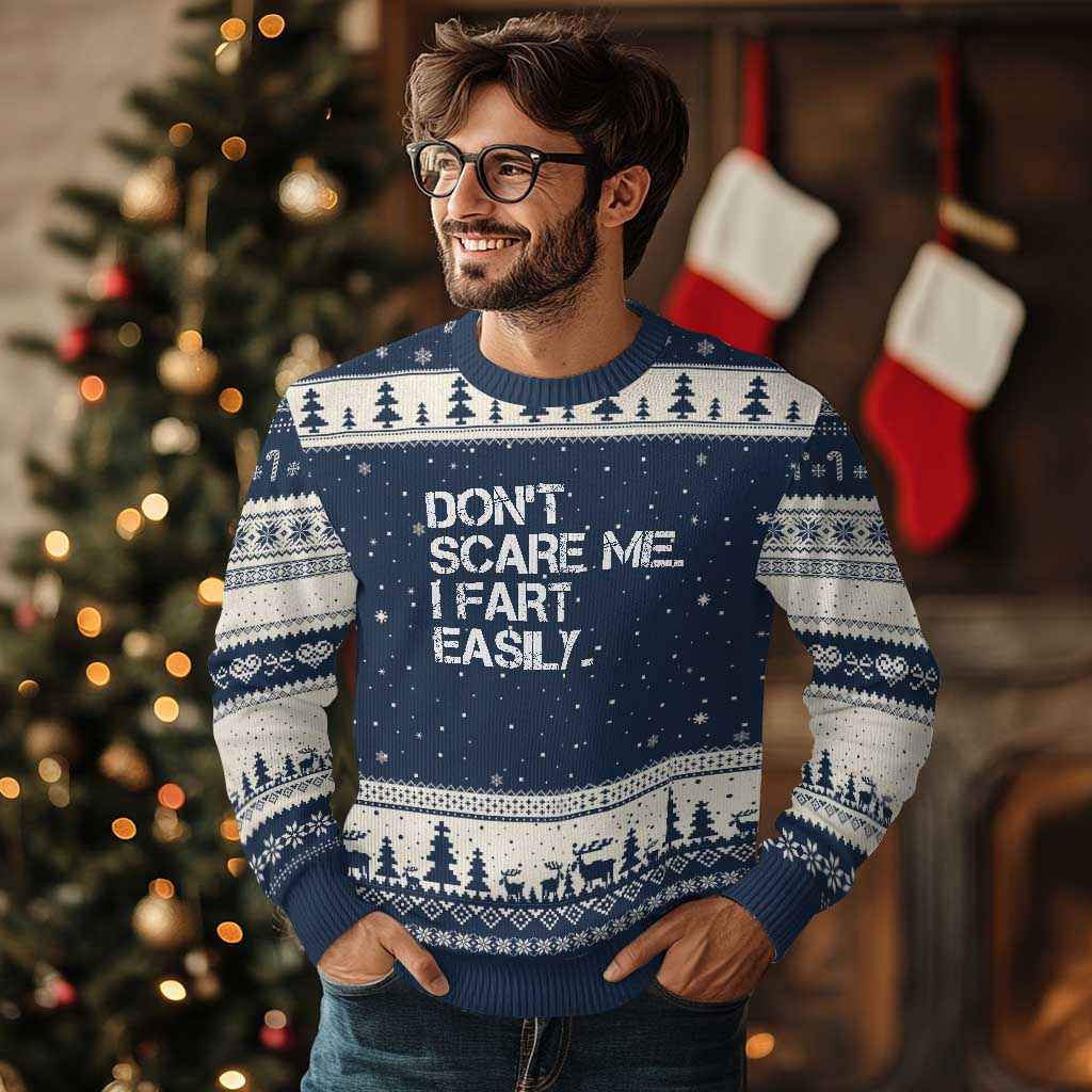 Funny Dont Scare Me I Fart Easily Ugly Christmas Sweater Humor Hilarious TS11 Navy Beige Print Your Wear