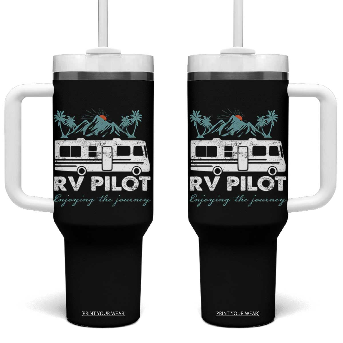 Funny RV Pilot Camping Tumbler With Handle Enjoying The Journey Motorhome Travel Vacation TS11 One Size: 40 oz Black Print Your Wear