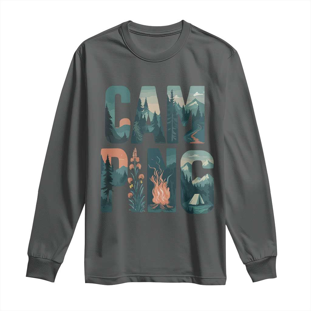 Camping Nature Adventure Campfire Tent Mountains Long Sleeve Shirt TS11 Dark Heather Print Your Wear