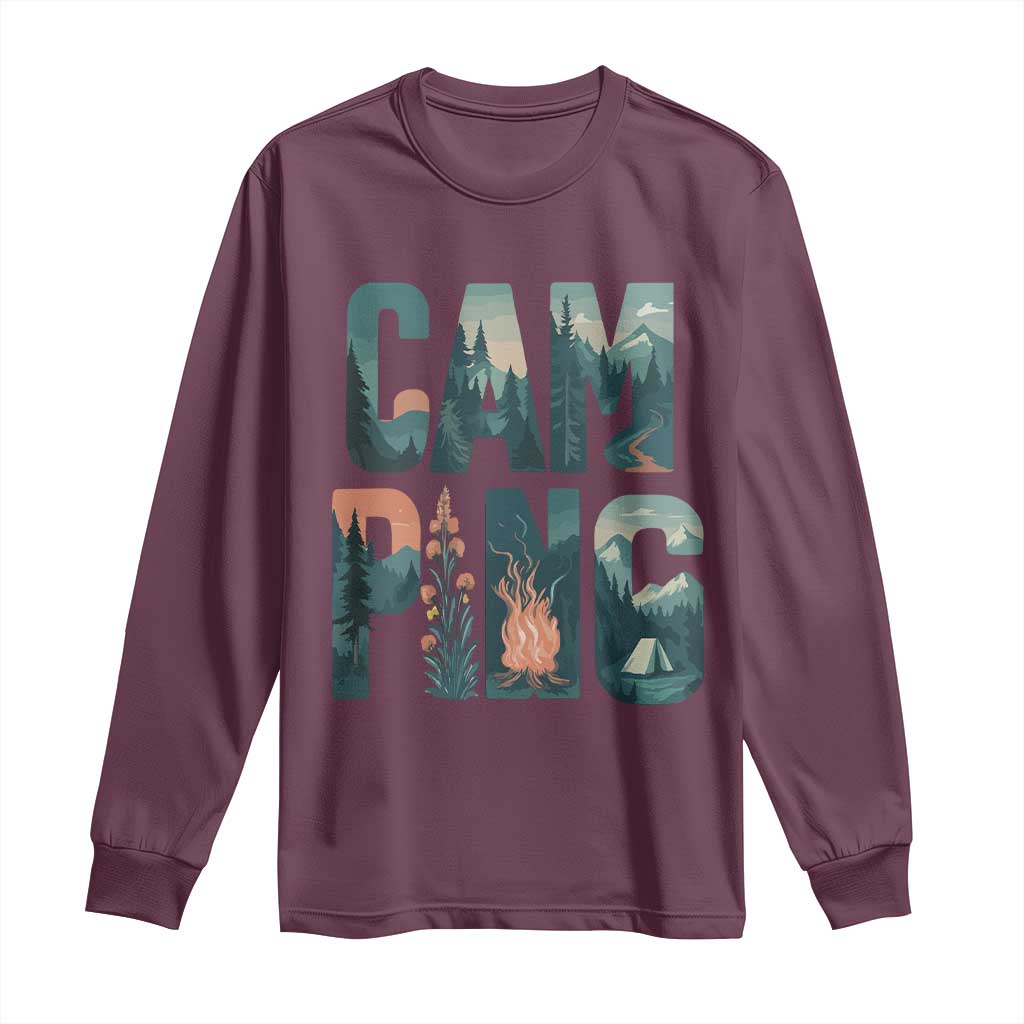 Camping Nature Adventure Campfire Tent Mountains Long Sleeve Shirt TS11 Maroon Print Your Wear