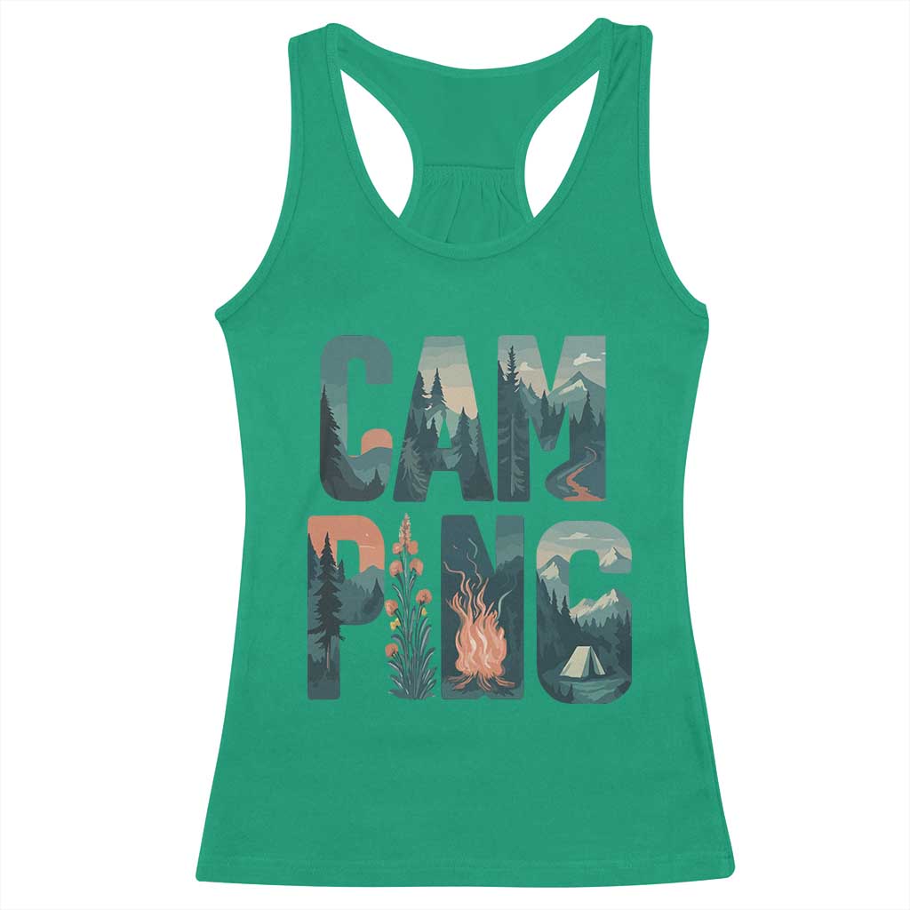 Camping Nature Adventure Campfire Tent Mountains Racerback Tank Top TS11 Irish Green Print Your Wear