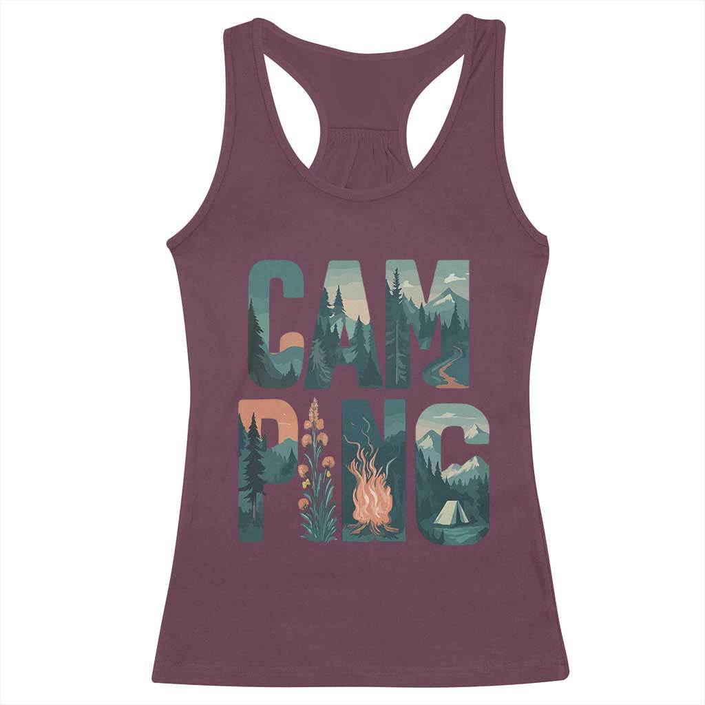 Camping Nature Adventure Campfire Tent Mountains Racerback Tank Top TS11 Maroon Print Your Wear