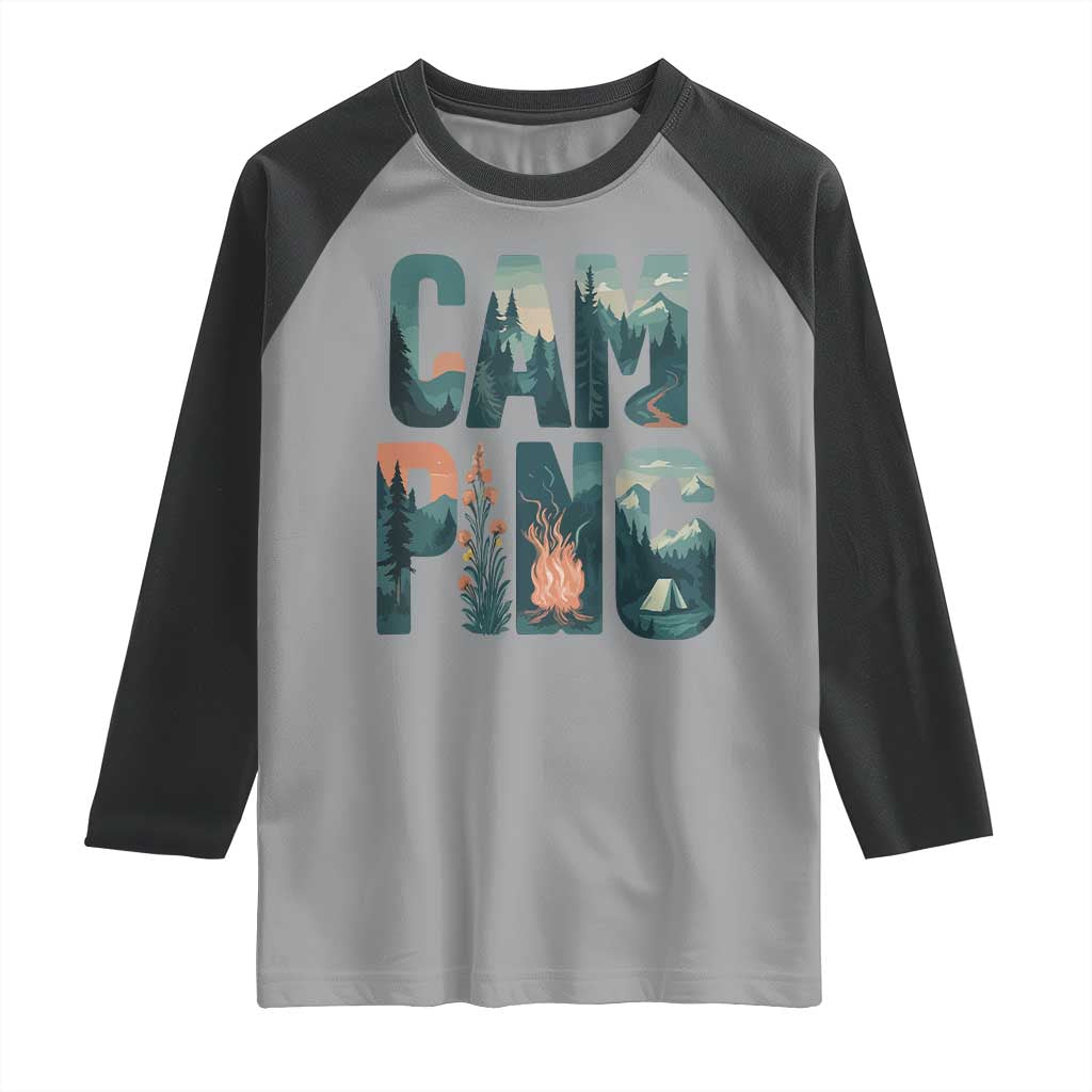 Camping Nature Adventure Campfire Tent Mountains Raglan Shirt TS11 Sport Gray Black Print Your Wear