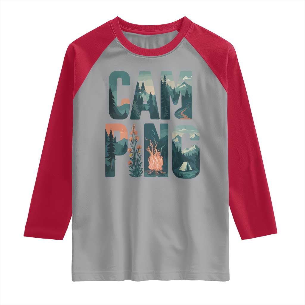 Camping Nature Adventure Campfire Tent Mountains Raglan Shirt TS11 Sport Gray Red Print Your Wear
