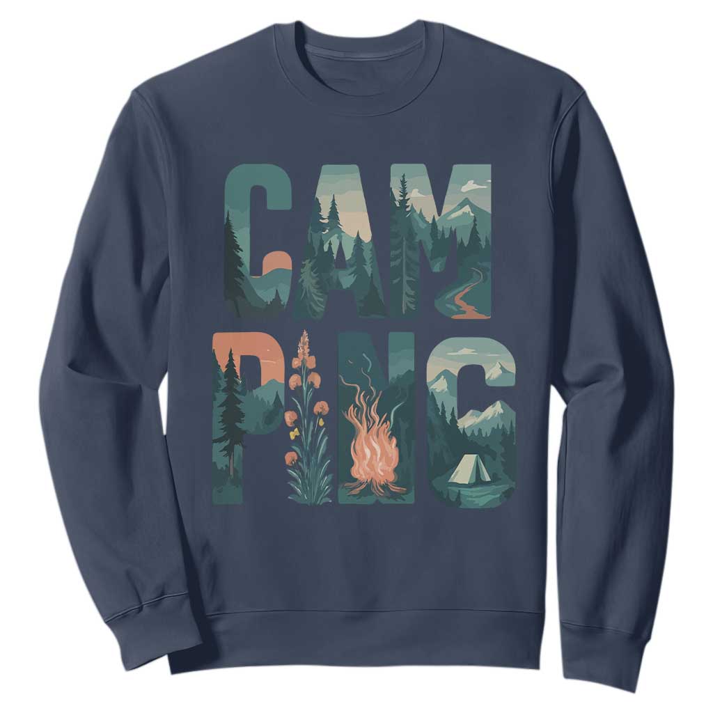 Camping Nature Adventure Campfire Tent Mountains Sweatshirt TS11 Navy Print Your Wear