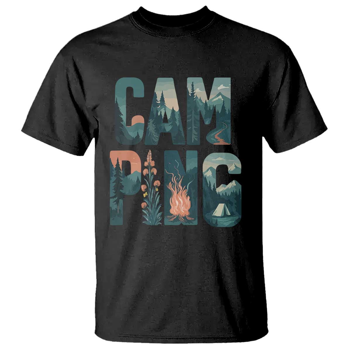 Camping Nature Adventure Campfire Tent Mountains T Shirt TS11 Black Print Your Wear