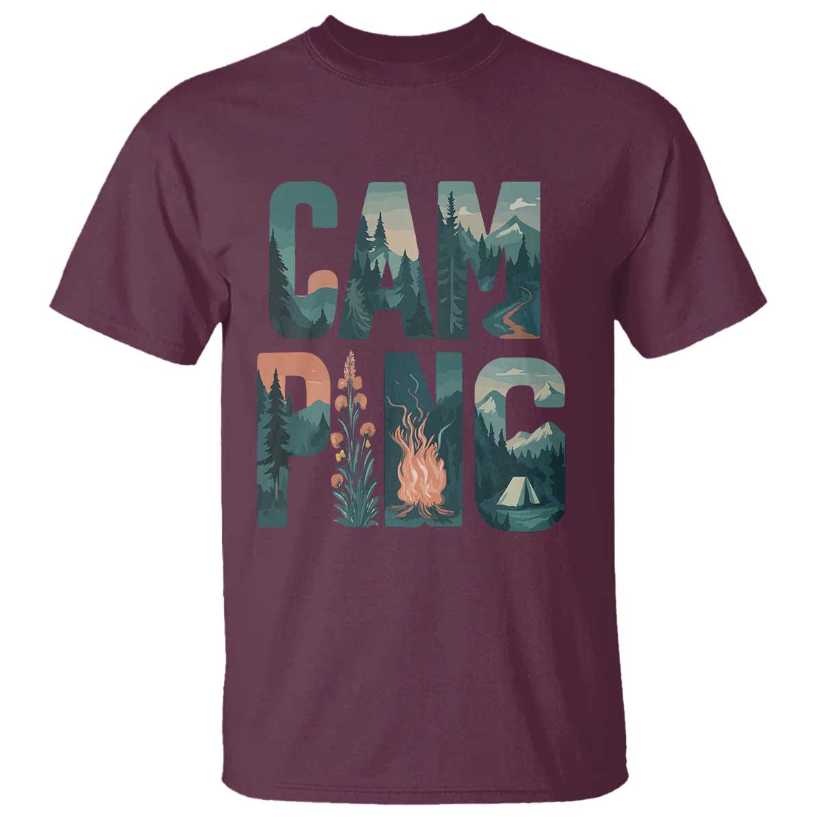 Camping Nature Adventure Campfire Tent Mountains T Shirt TS11 Maroon Print Your Wear
