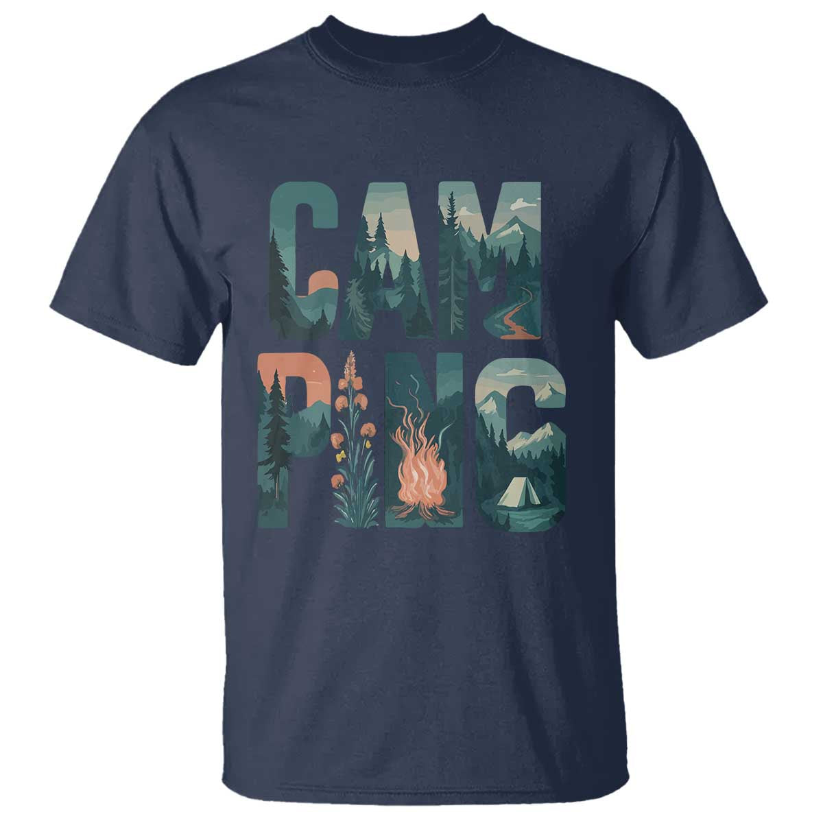 Camping Nature Adventure Campfire Tent Mountains T Shirt TS11 Navy Print Your Wear
