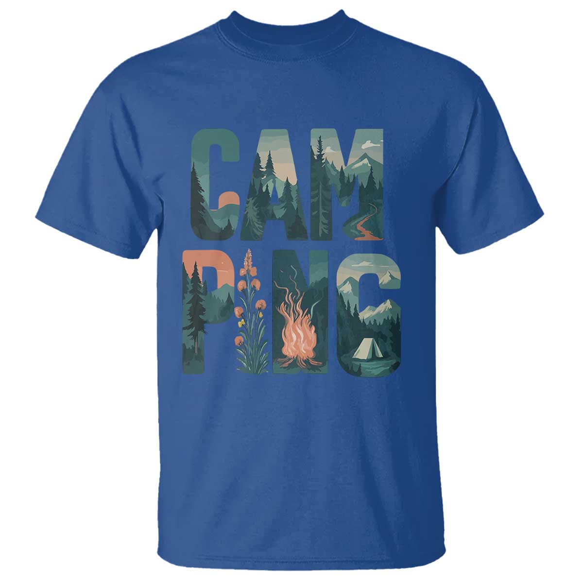 Camping Nature Adventure Campfire Tent Mountains T Shirt TS11 Royal Blue Print Your Wear