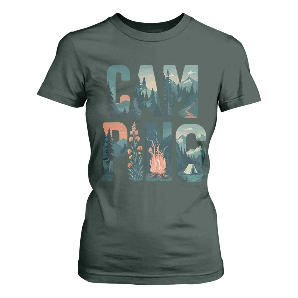 Camping Nature Adventure Campfire Tent Mountains T Shirt For Women TS11 Dark Forest Green Print Your Wear