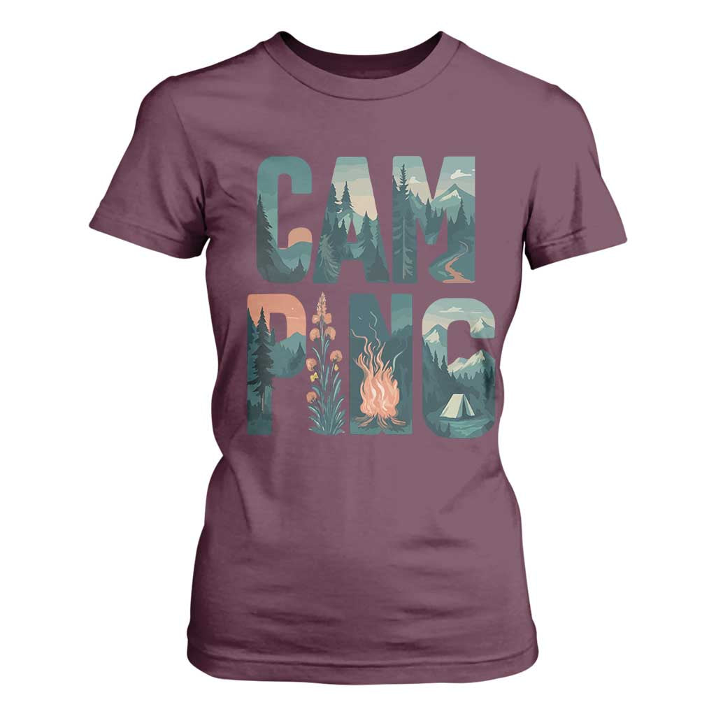 Camping Nature Adventure Campfire Tent Mountains T Shirt For Women TS11 Maroon Print Your Wear