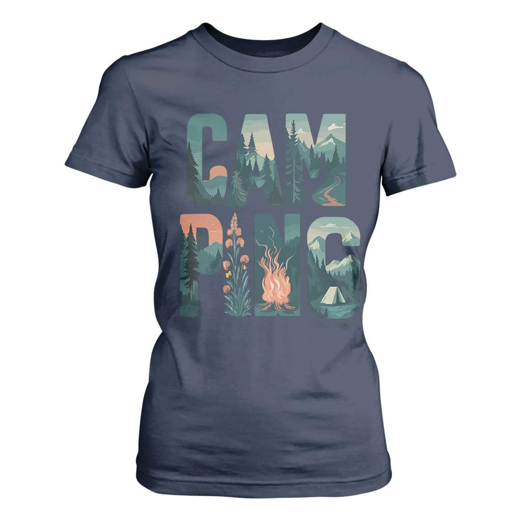 Camping Nature Adventure Campfire Tent Mountains T Shirt For Women TS11 Navy Print Your Wear