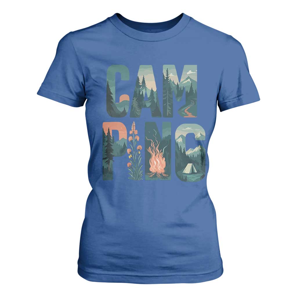 Camping Nature Adventure Campfire Tent Mountains T Shirt For Women TS11 Royal Blue Print Your Wear