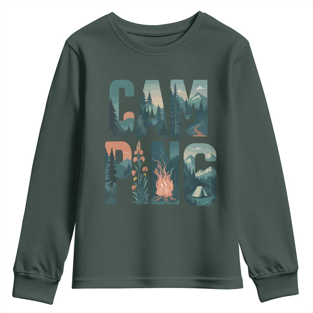 Camping Nature Adventure Campfire Tent Mountains Youth Sweatshirt TS11 Dark Forest Green Print Your Wear