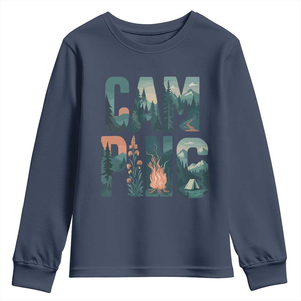 Camping Nature Adventure Campfire Tent Mountains Youth Sweatshirt TS11 Navy Print Your Wear