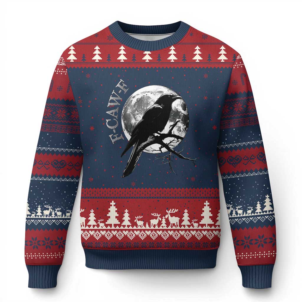 Funny F Caw F Ugly Christmas Sweater Black Crow Moon Gothic Adult Humor - Print Your Wear