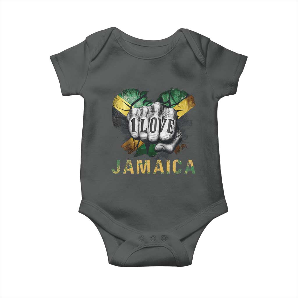 Jamaica One Love Baby Onesie Rasta Reggae Punching Hand Jamaican Flag TS11 Dark Heather Print Your Wear